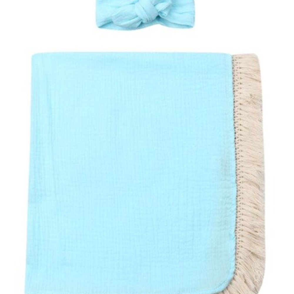 Aqua Muslin Cotton Soft Swaddle Blanket & Headband 2pcs Baby Set